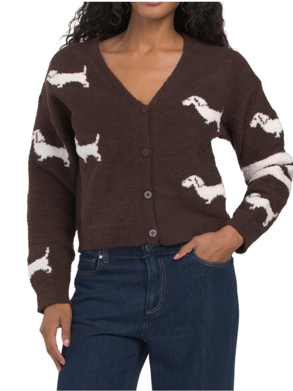 NWT Sincerely Jules Cozy Brown Dachshund Button-Front Cardigan Sweater- S